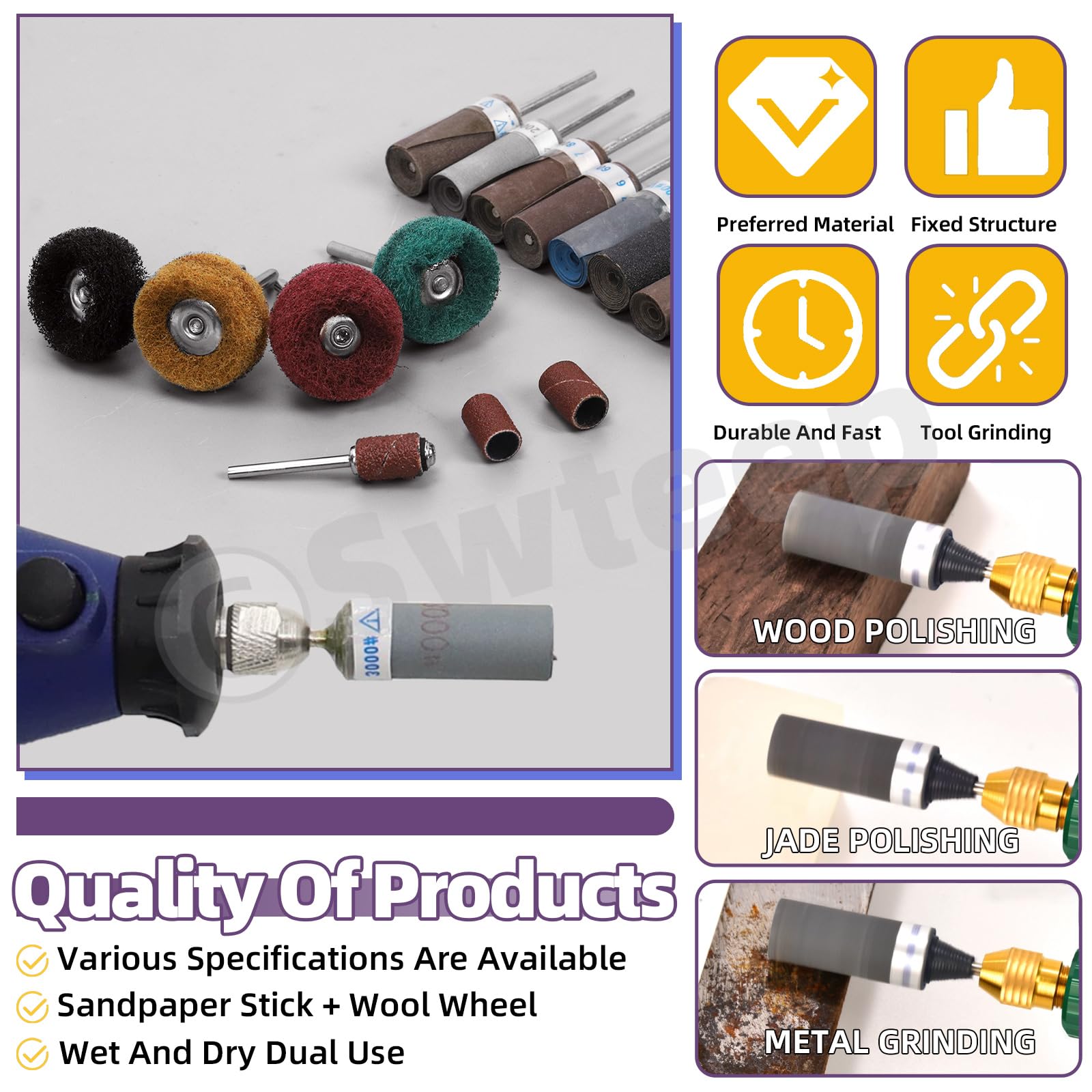 Swpeet Kit assortito di levigatrici a tamburo da 18 pezzi, 10 pezzi con gambo da 3/32 ", 180-2000 grit, 4 ruote per lucidatura a grana 120-400, 1 mandrino a tamburo con 3 tamburi di sabbia a grana 80