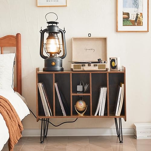 Miniatura 7 de Soporte grande para tocadiscos con almacenamiento de vinilo, mesa de tocadiscos retro marrón con alimentación y puerto USB, capacidad para hasta 200