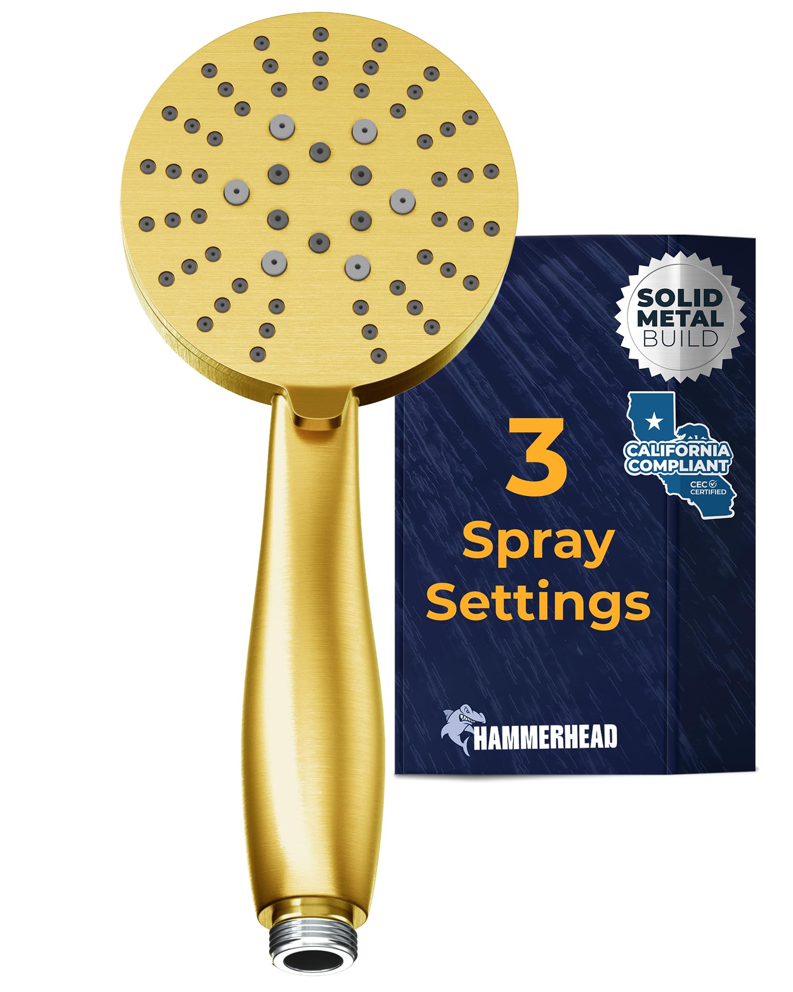 Hammerhead Showers Brushed Gold Hammerhead Showers® Solid Metal 3-Spray Hand Held Shower Head, | Select From Wide, Massage, And Mist Sprays | 1.75 Gpm Low Flow Handheld Showerhead | Made From 304 Stainless Steel