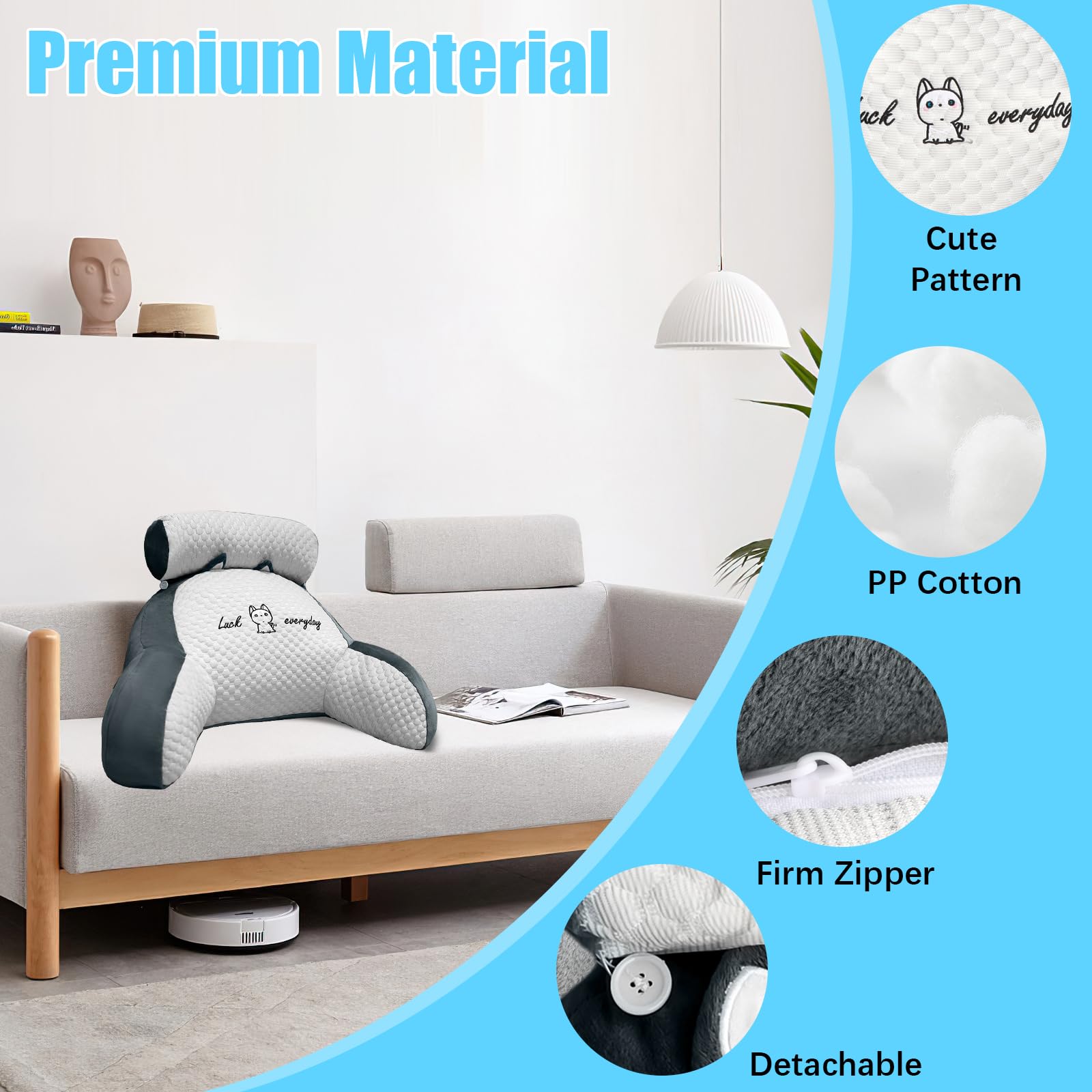 Suewidfay Lesekissen für Bett und Sofa, 70x50cm Groß Erwachsenen Rückenkissen, Komfortkissen Lesekissen mit Abnehmbarer Nackenrolle und Armlehnen, Lesesitzkissen zum Lesen, Fernsehen, Faulenzen