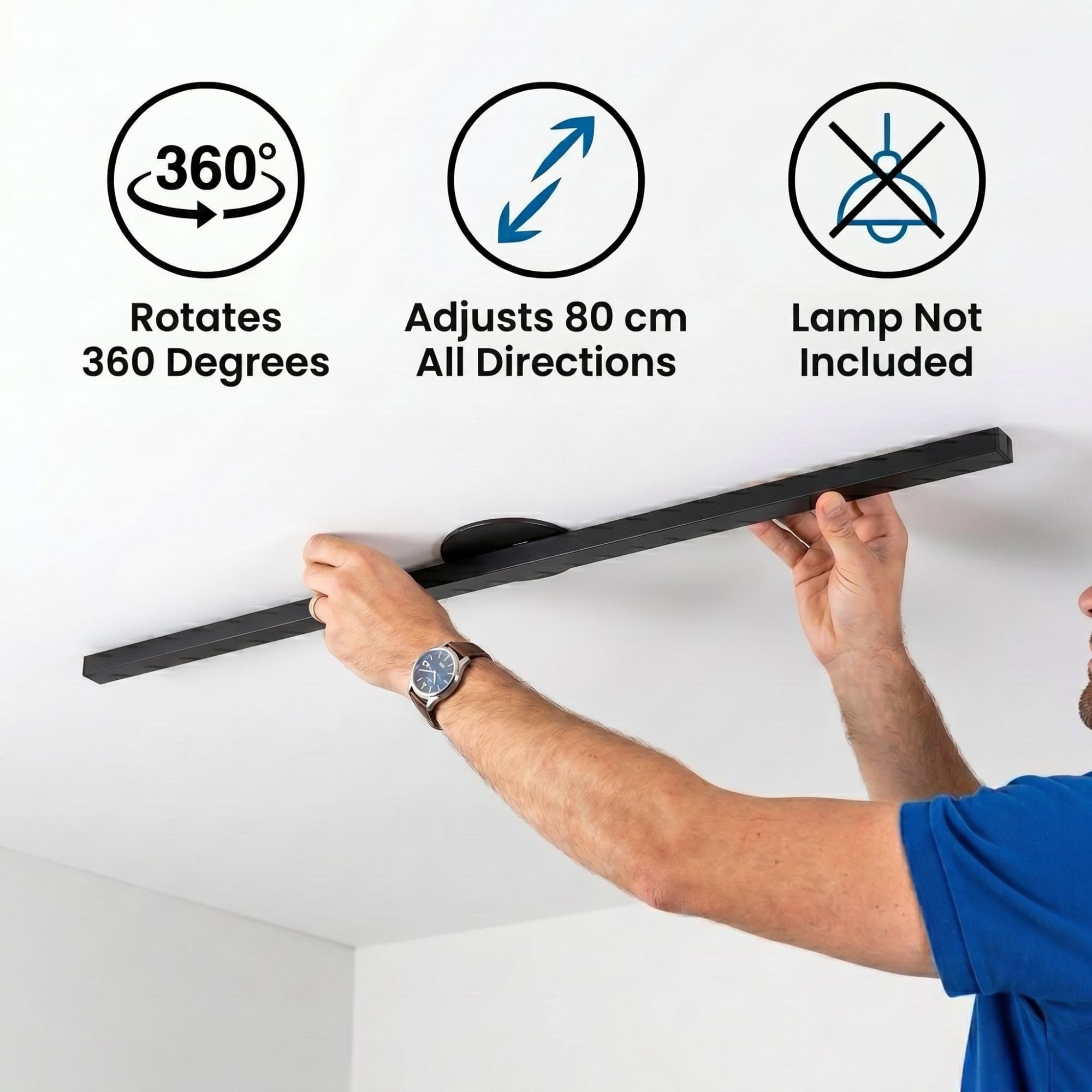 BARCELONA LED Sistema de Suspensión para Lámpara Colgante 90cm Negro Mate | Deslizamiento 80cm y Rotación 360° | Soporte Ajustable para Techo | Hasta 3kg | Descentrador para Lámparas Colgantes