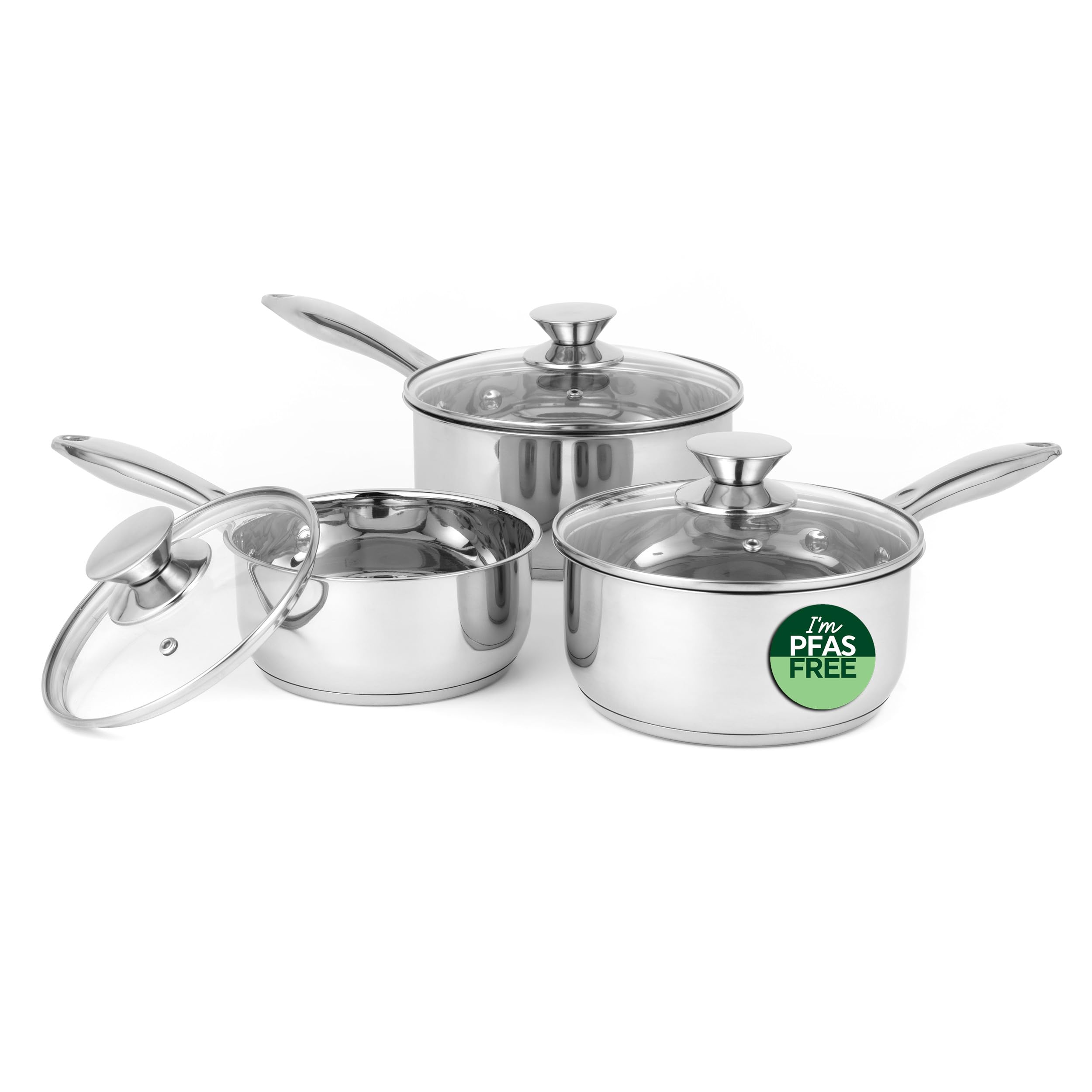 Russell Hobbs 3 Piece Saucepan Set - Stainless Steel, Includes 16/18/20 cm Cooking Pan with Tempered Glass Lids and Steam Vents, Dishwasher Safe, Suitable for All Hob Types — image 1