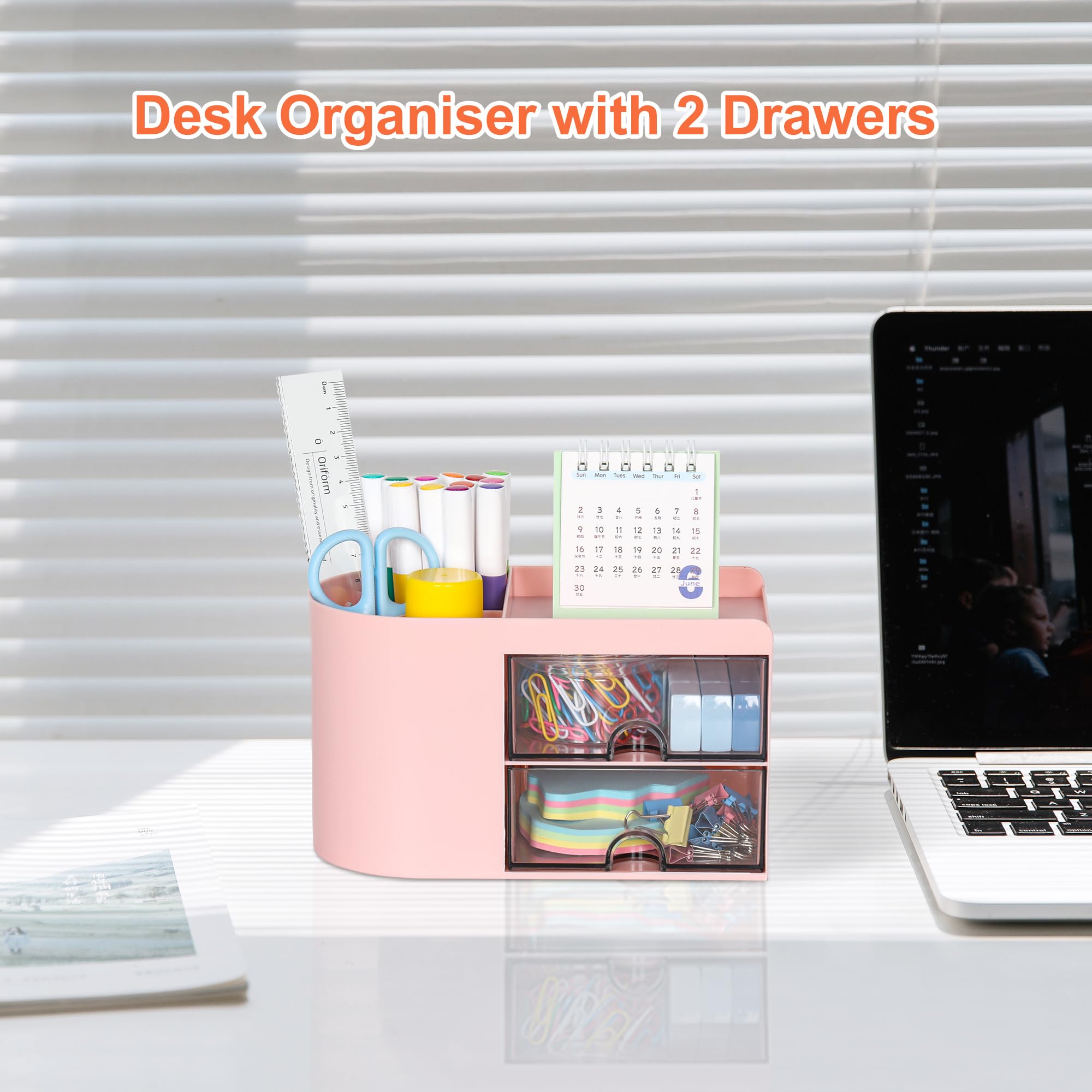 TQVAI Desk Organiser with Drawers Multifunctional Pen Holder for desk 3 Compartments 2 Drawer Dividers for Office School and Home, Pink - Image 2