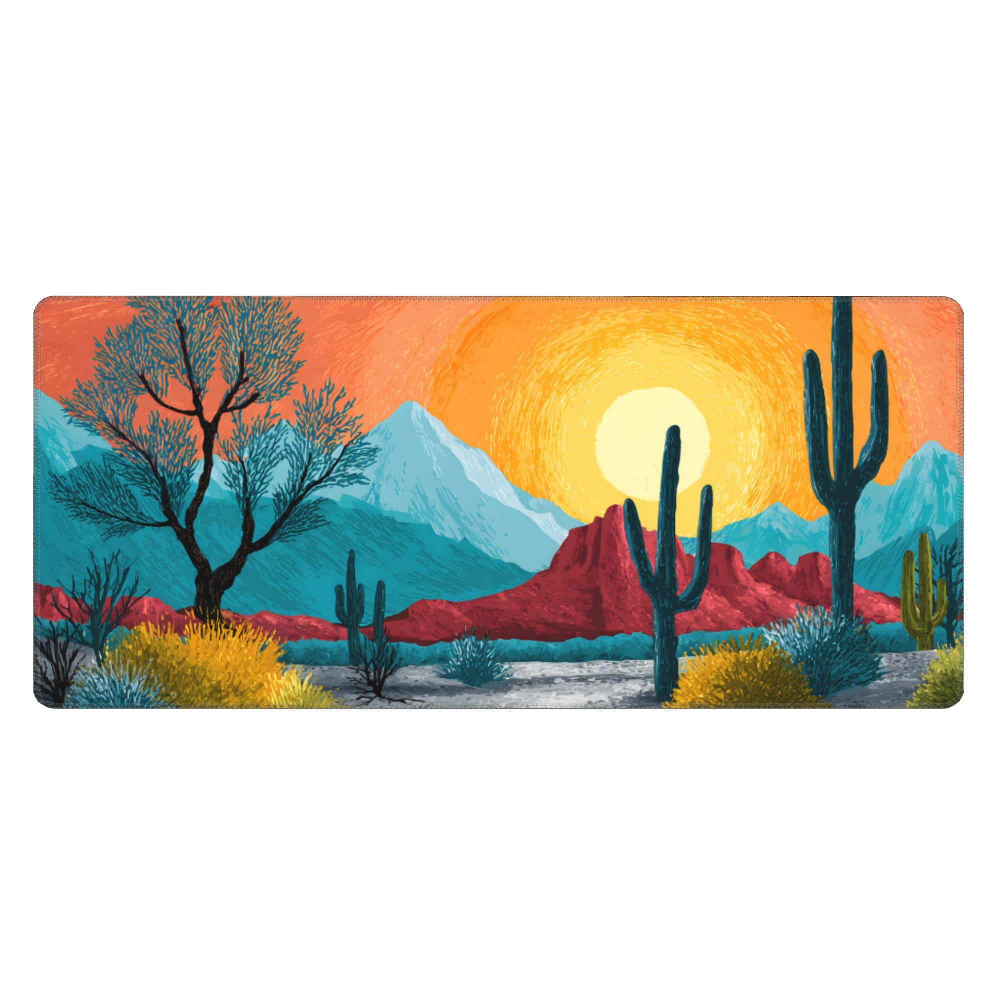 Sunset Cactus Mountain Extended Gaming Mouse Pad, with Stitched Edges Large Mouse Pad Desk Protector, Rubber Base Mousepad Keyboard Mouses Mat for Work Game Office Home- 32" X 12" Inch,E644