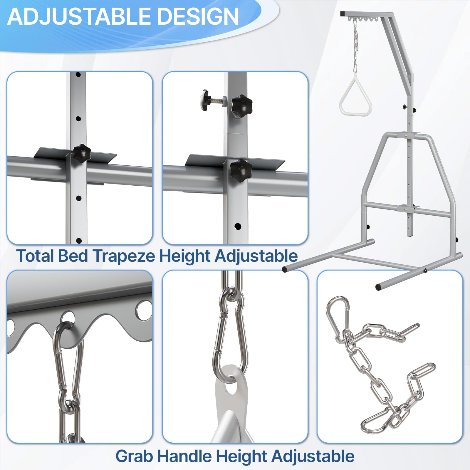 Barra trapezio per mobilità del letto con palo di assistenza regolabile - 165,1-188 cm, capacità 300 libbre, maniglia autoportante per anziani, uso domestico e ospedaliero