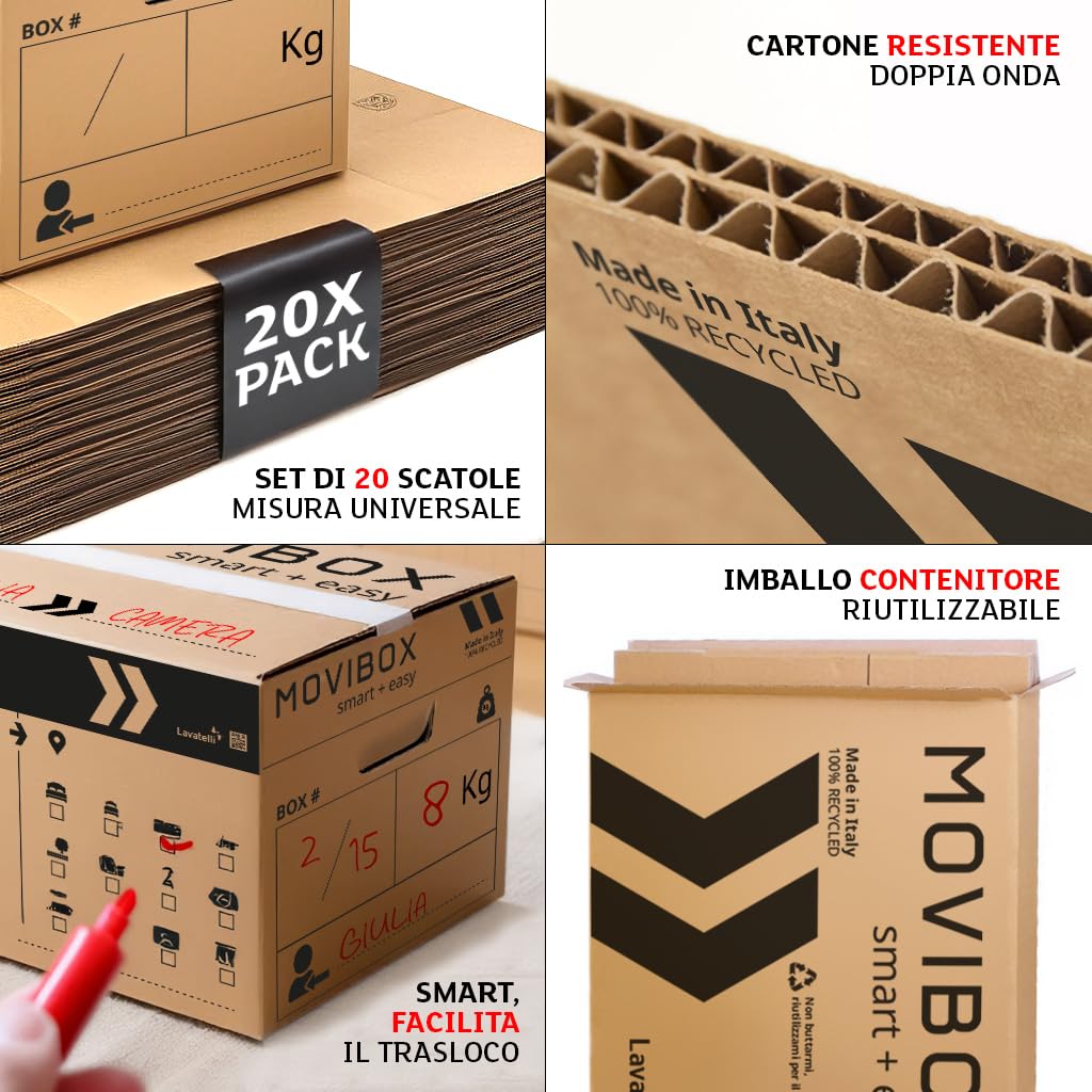 Lavatelli MOVIBOX – 20 Scatole per Trasloco 50x35x35 cm misura universale – Doppia Onda robusta – Con Simboli Contenuto e Stanza destinazione, Maniglie Pre-Tagliate – Scatole di Cartone, Made in Italy