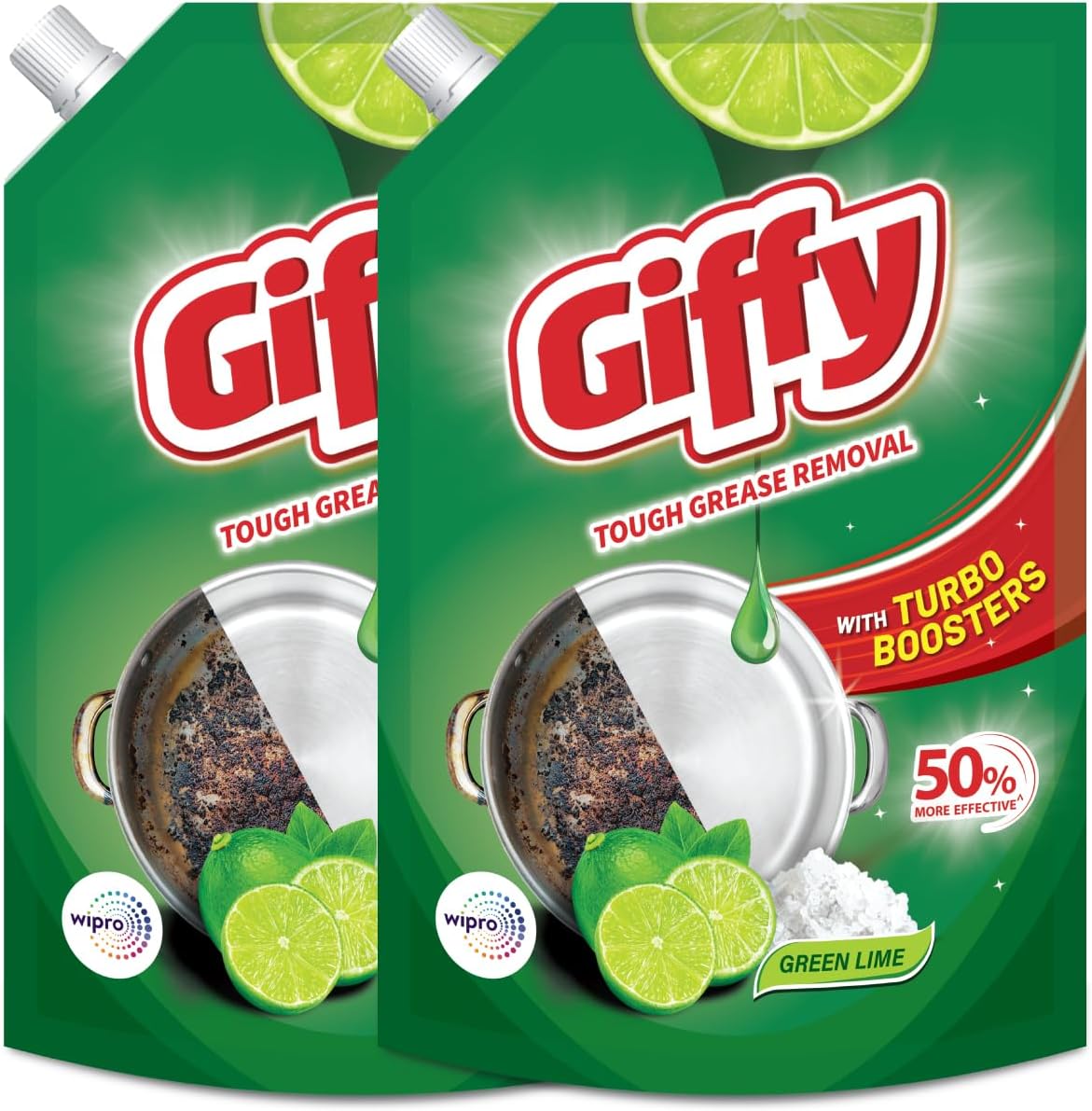 Giffy Liquid Dishwash Gel 900ml(Pack of 2) | Green Lime and Active Salt | 50% More Effective | Tough Grease Removal Expert | Turbo Boosters | Mild fragrance | Removes Tough Malodour | Hand-Safe