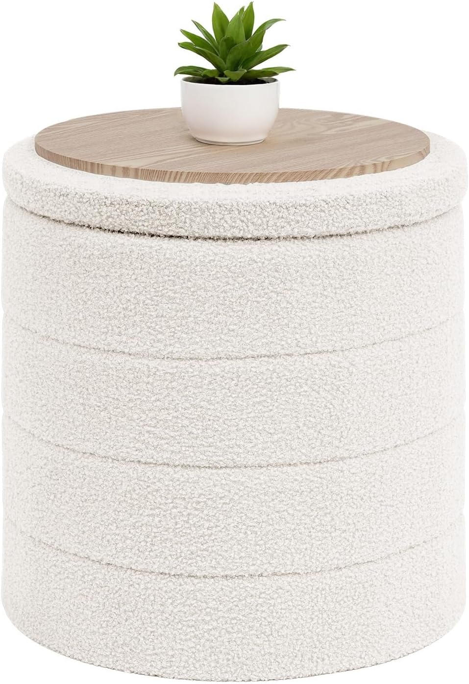 BFSOBEIIALEO Round Boucle Storage Ottoman, Sherpa Footrest Stool with Tray Top 16.9x16.9x17.7 White 330lbs
