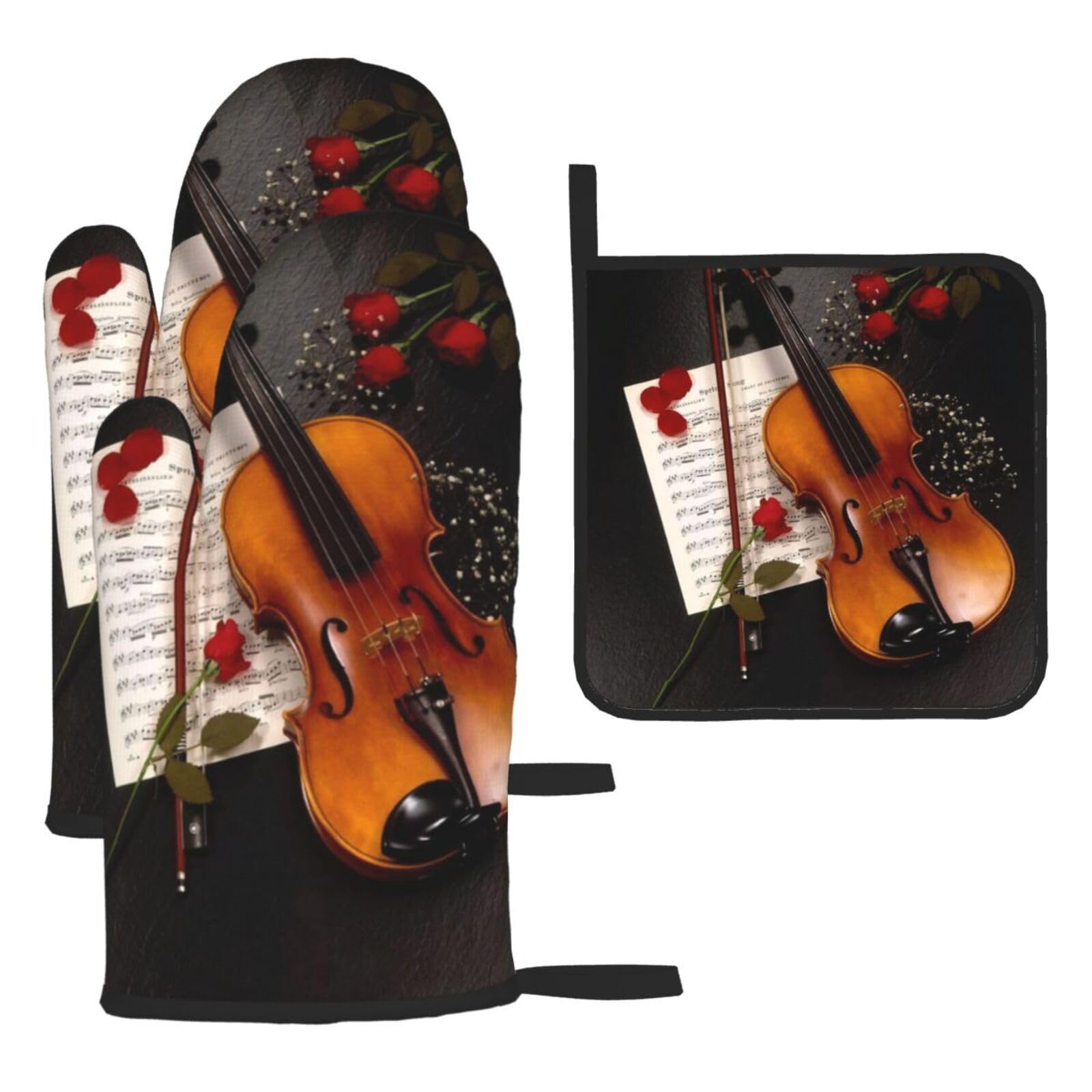Violin Sheet Music Print Oven Set Kitchen Gloves Baking Grilling Microwaving Cooking Gift Everyday Holiday