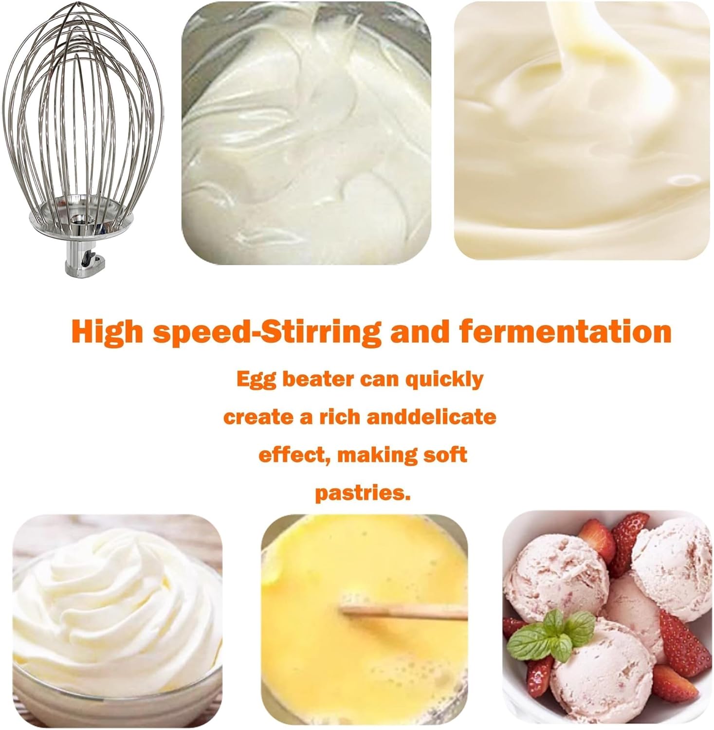 Whisk attachment and examples of whipped products.