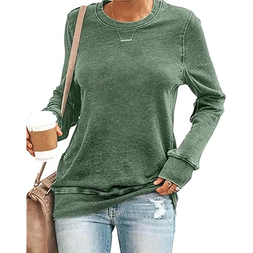 SENSERISE Womens Casual Crewneck Sweatshirt Long Sleeve Solid Color Shirt Soft Lightweight Loose Top