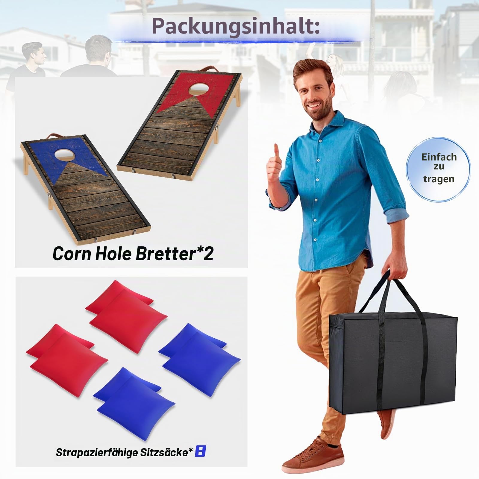 NZQXJXZ Cornhole Spiel Set aus Massivholz – 120 x 55 cm Faltbare Cornhole Bretter mit 8 Sitzsäcken und Einer Tragetasche, tragbare Sitzsack Wurfspiele, Corn Hole Spiele für Familie und Erwachsene