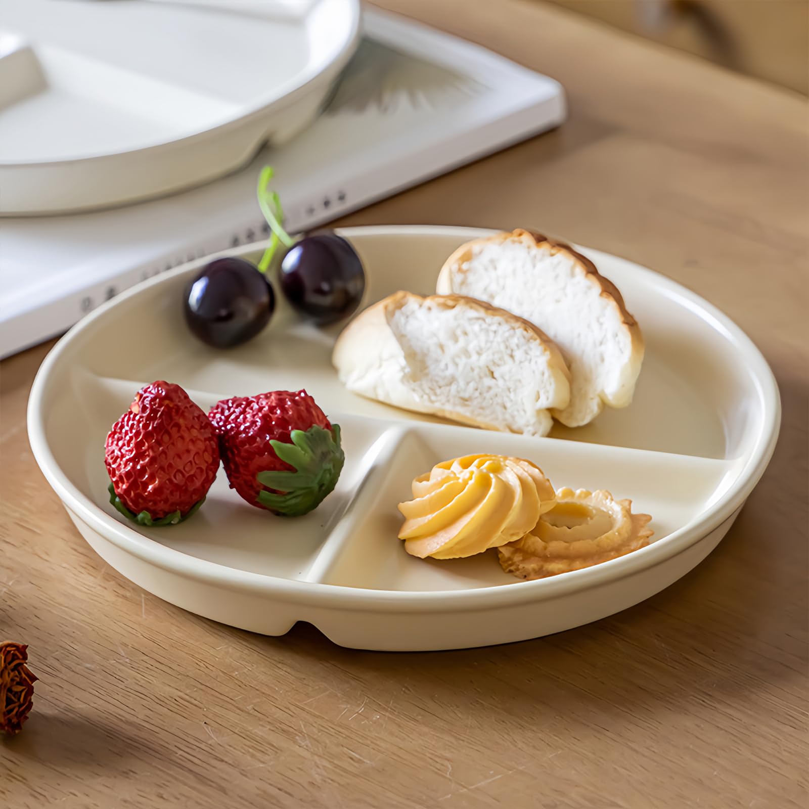 Platos Llanos de Cerámica, Platos Con Compartimentos, Platos Divididos de Cerámica,Plato Ceramica Infantil, para Comidas Divididas, Fiestas, Refrigerios, Postres (Blanco Lechoso)
