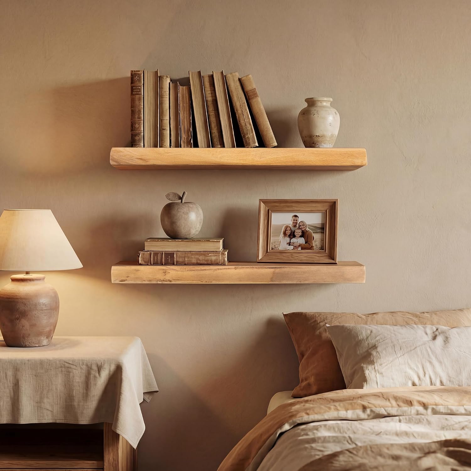 24" Live Edge Floating Shelves, 1.4" Extra Thick Solid Elm Wood Wall Shelf (Set of 2), 9.3" Deep Heavy Duty Storage for Kitchen, Coffee Bar & Living Room, Artisan Natural Finish