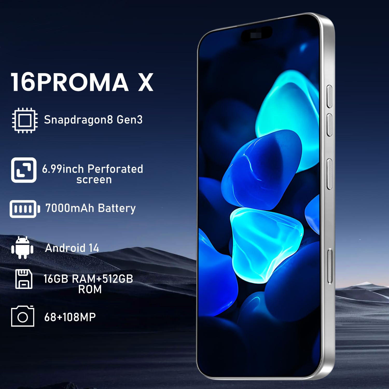 16PROMA X 5G Cell Phone,Smartphone Unlocked Cell Phone 8GB+256GB/6.99" Display/68MP+108MP Camera/7000 mAh Battery Super Endurance, Dual SIM Card/Face Unlock/GPS (Yellow)