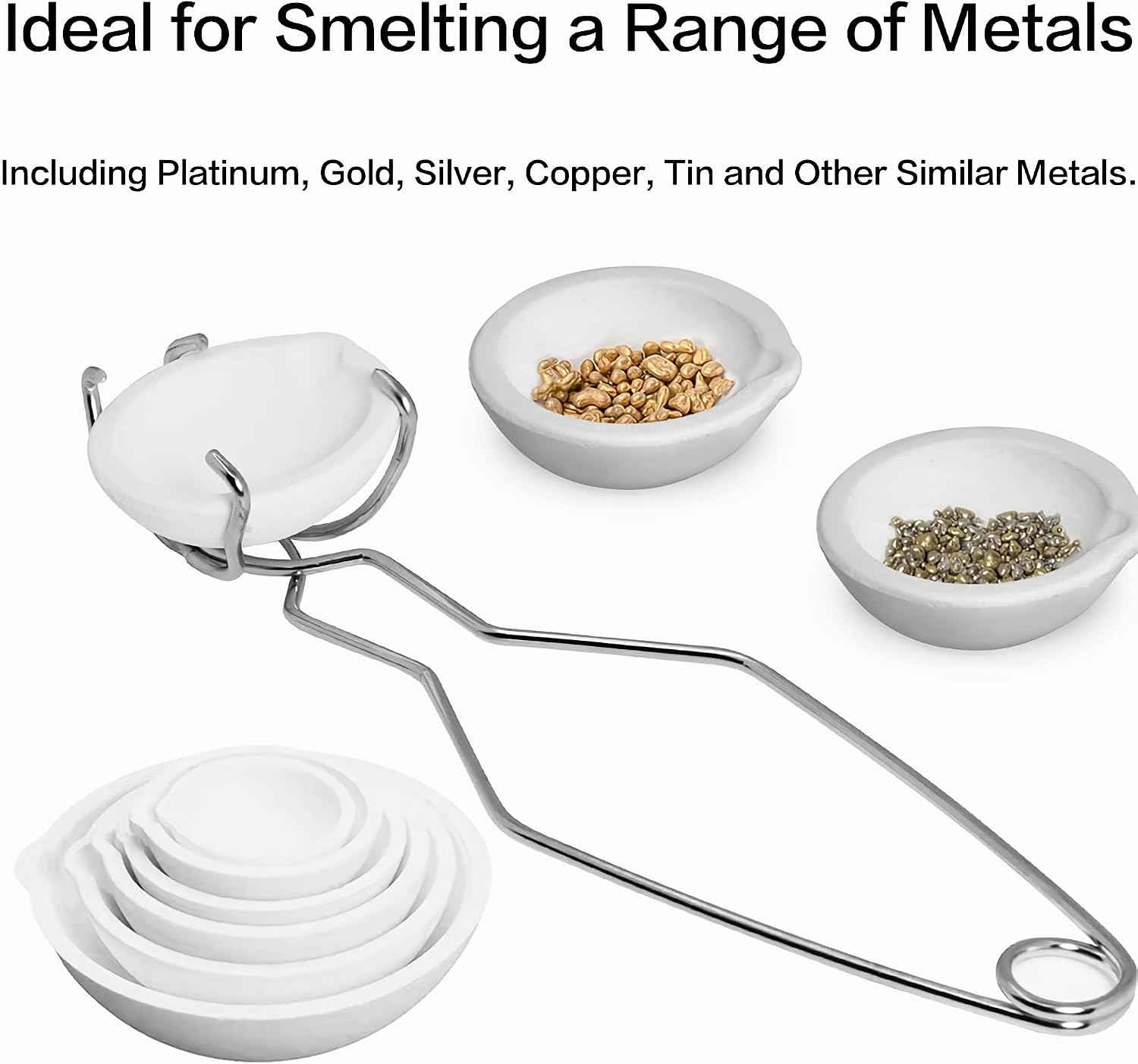 3 Sizes Gold Melting Crucible + 2pcs Whipclip Handle + 1pcs Crucible Tongs Kit, Ceramic Quartz Crucible Dish for Melting Metal, Silver Clay, Lead, Jewelry Casting Tools, Silversmithing Starter Kit