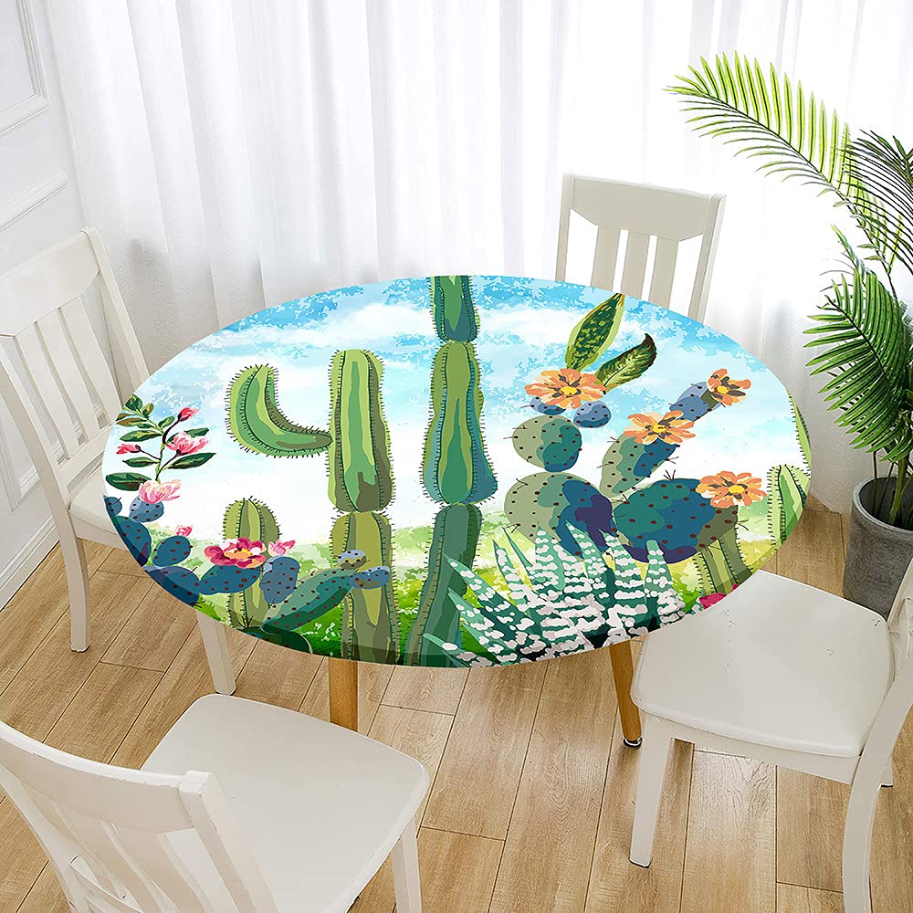 FANSU 3D Nappes Rondes Anti Taches, Imprimé Cactus Bord Elastiqué Couverture Nappe Imperméable Polyester Protège Table Pour Salle à Manger/ Jardin/Extérieur (Naturel,Diamètre 150cm