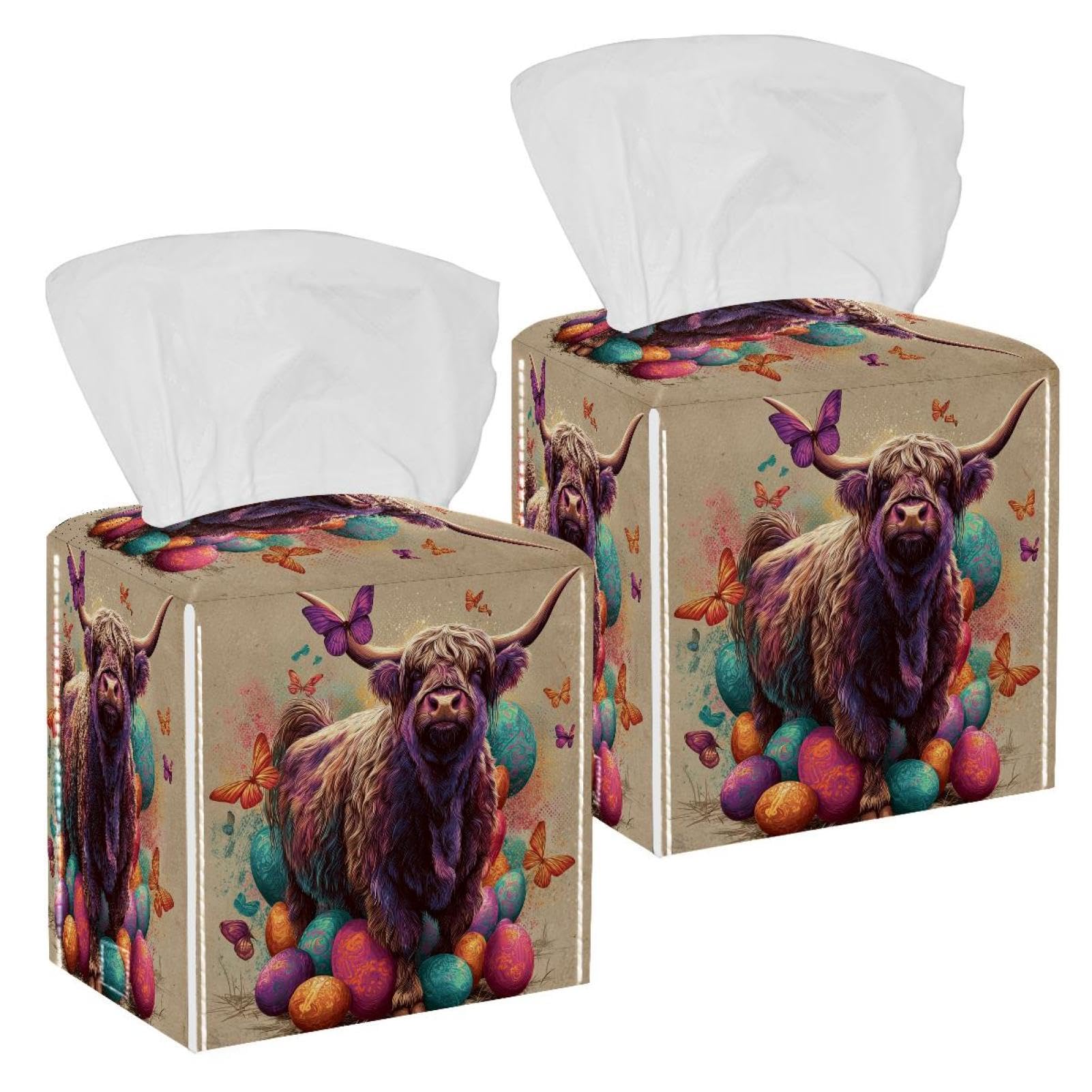 Colorful Easter Eggs Tissue Box Cover, 2 Pack PU Leather Square Facial Tissue Dispenser Box holder for Home Office Car