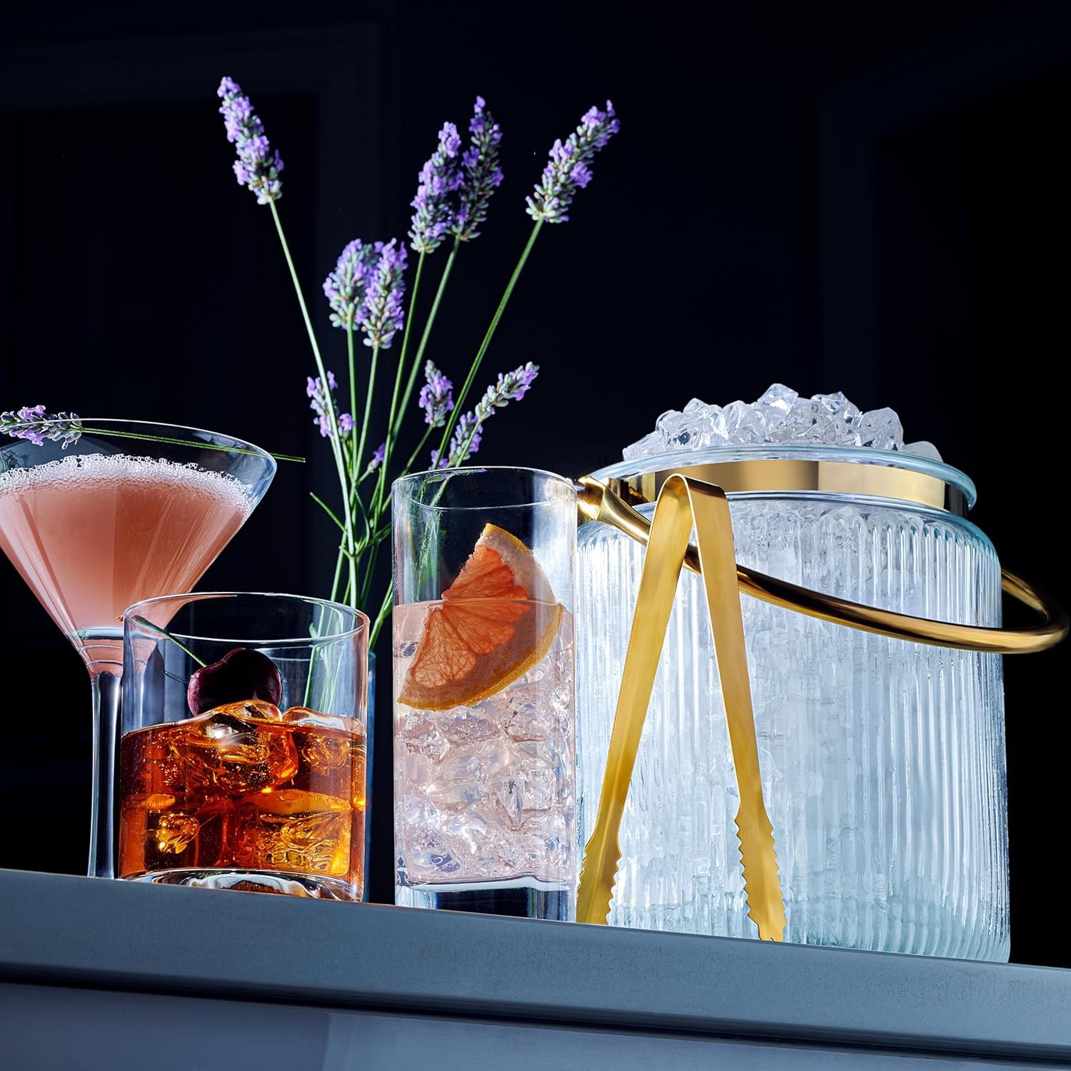 Le'raze Cubo de hielo de vidrio con tapa hermética cuchara y mango de pinza de hielo – Bañera de bebidas acanalada de 3 litros accesorios de bar, cerveza, enfriador para fiestas, enfriador de champán
