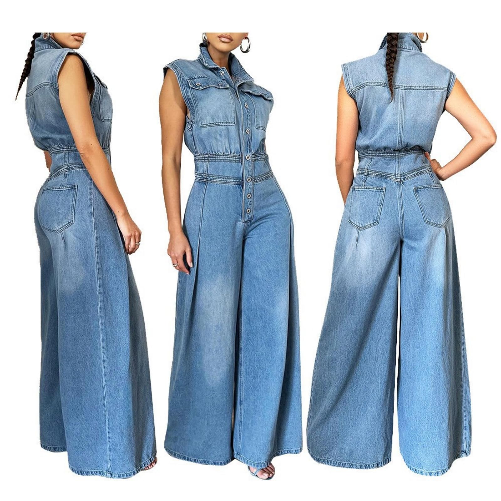 Tute Salopette di Jeans Pantaloni a Gamba Larga Casual Tute Intere in Jeans