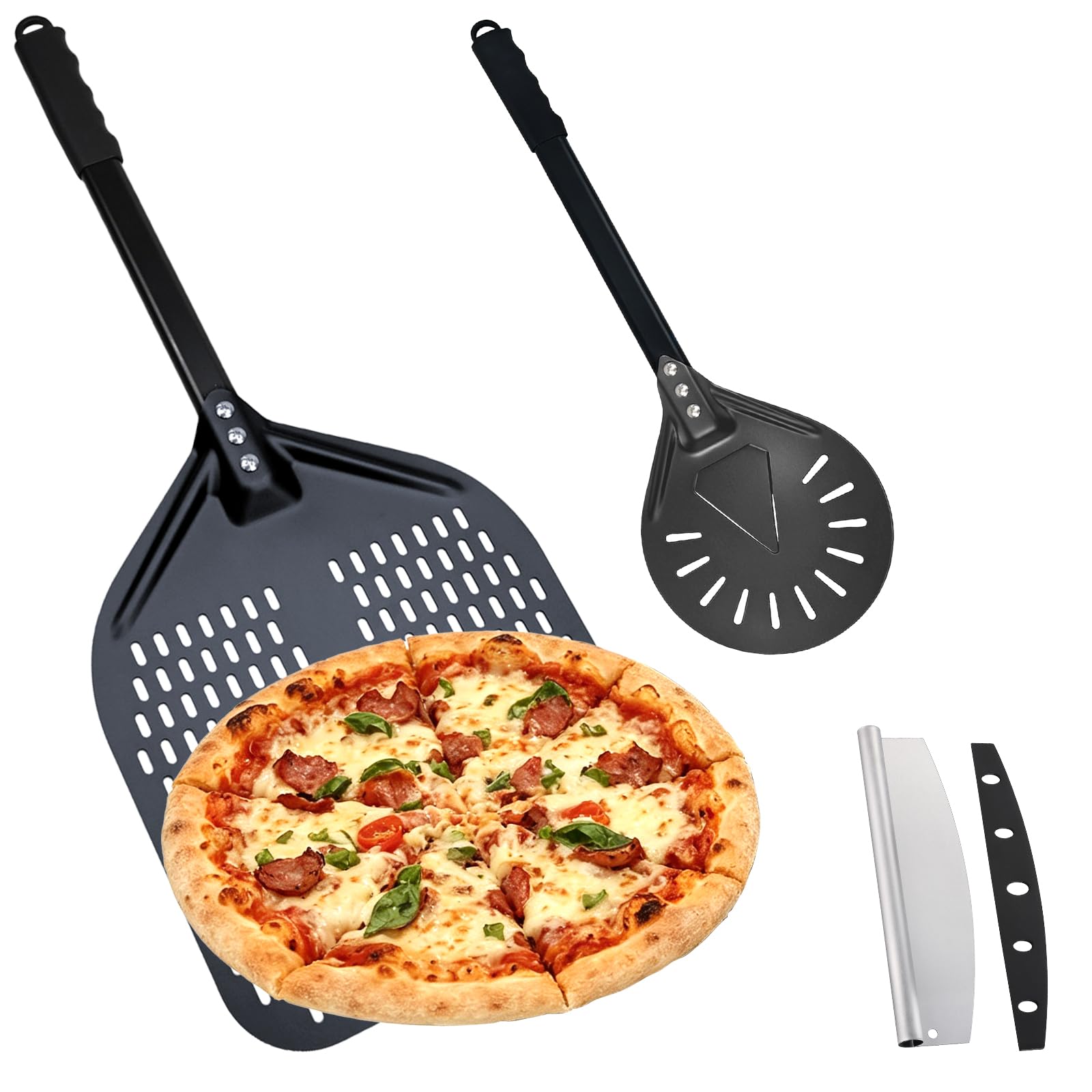 Pala Pizza de Aluminio, Pala para Pizza de 12 Pulgadas Y 7 Pulgadas, Asa Desmontable, EspáTula Para Pizzas con Cuchillo para Pizza
