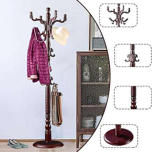 Miniatura 5 de Percheros de pie independientes, perchero de madera natural con 14 ganchos, percheros resistentes de altura ajustable para entrada, pasillo,