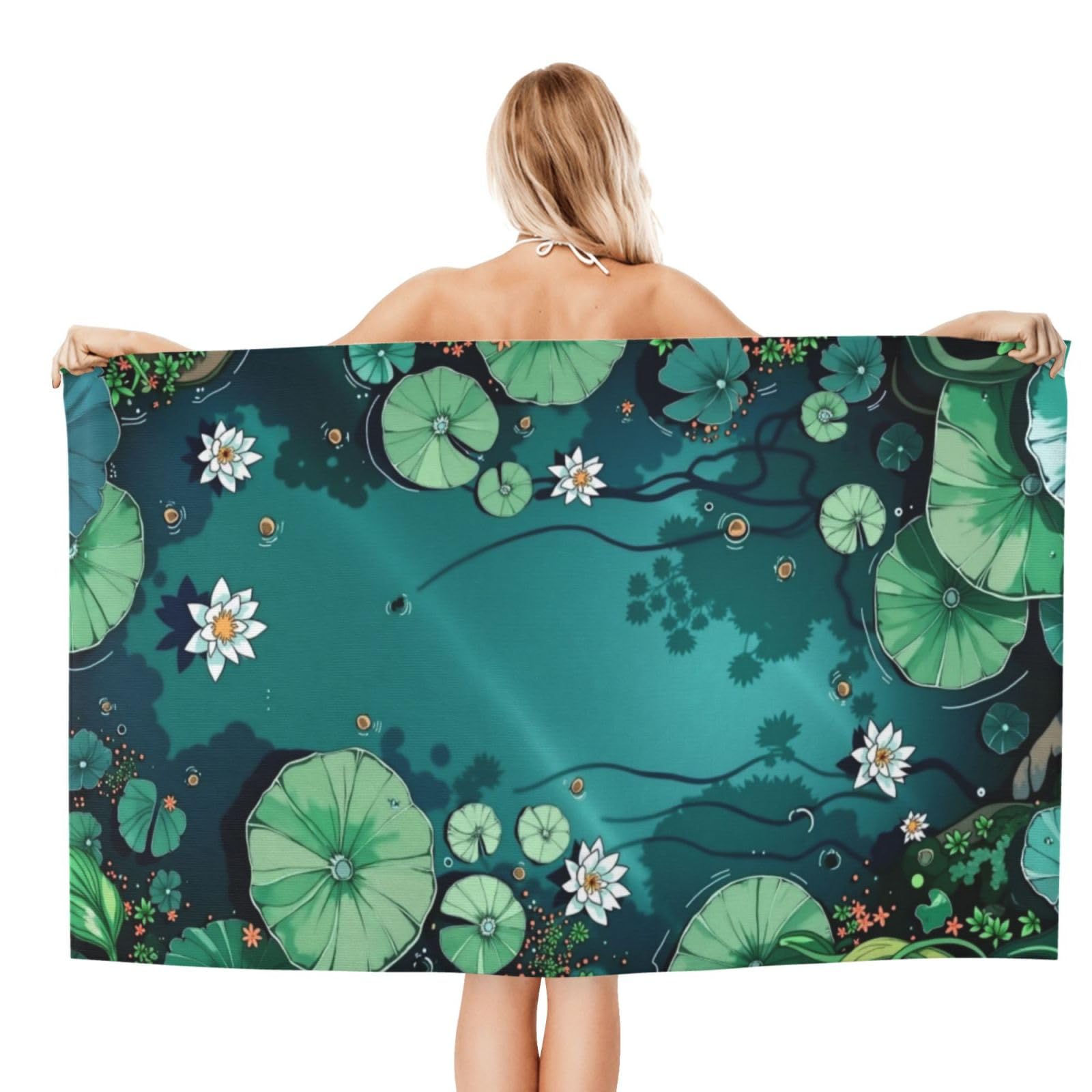 Anceky Beach Towel for Women, Lily Pond Floral Sand-Free Microfiber Ultra Soft Lightweight Bath Towels for Outdoor Bathroom Swimming 32"X52"