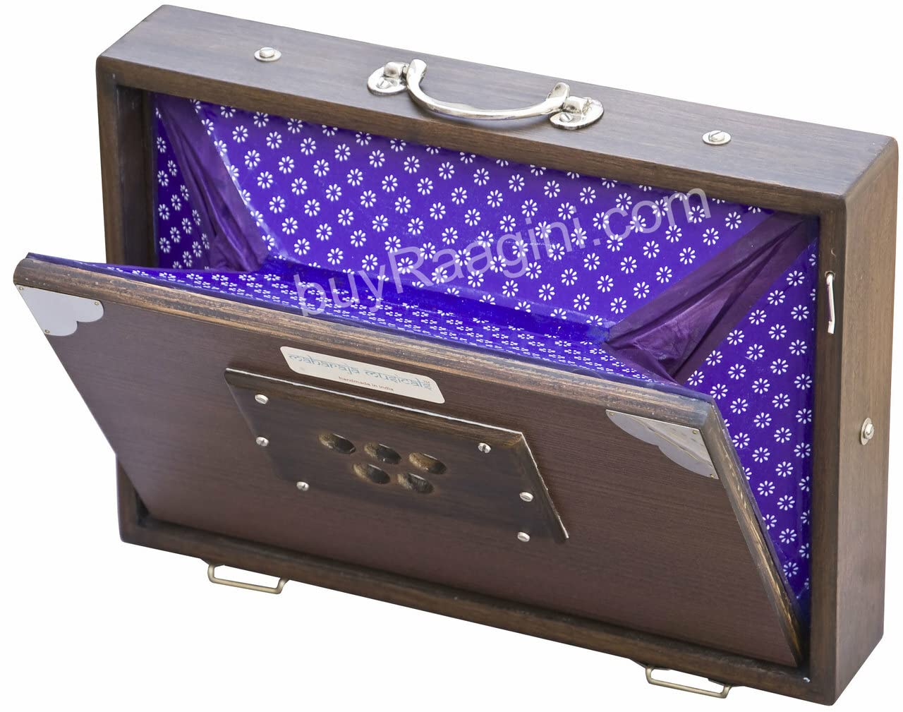 Shruti Box Instrument, Maharaja Musicals, klein, 33 x 9,5 x 7,6 cm, blemished, mit Tasche, Walnussfarbe, 13 Noten, Sur Peti Surpeti, indisches Musikinstrument (PDI-FAH)