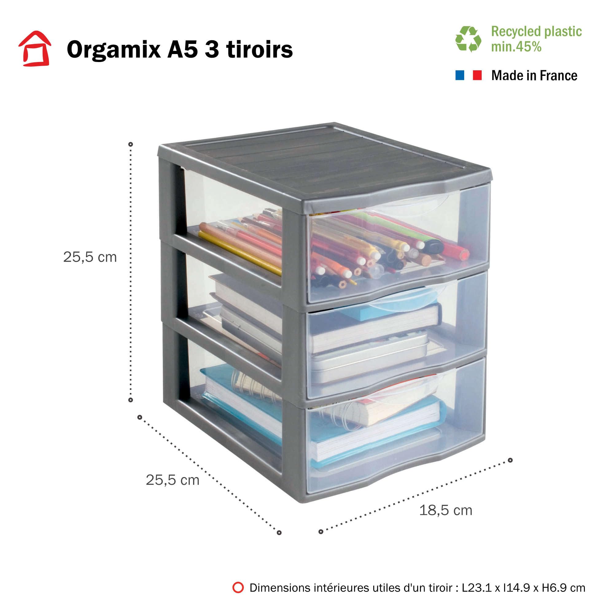 Boîte à Tiroirs 3 Tiroirs Transparents Format A4 - 35,5x26,5x26,5 Cm, Empilable, Rangement Bureau Ou Maison, Plastique Noir - 3