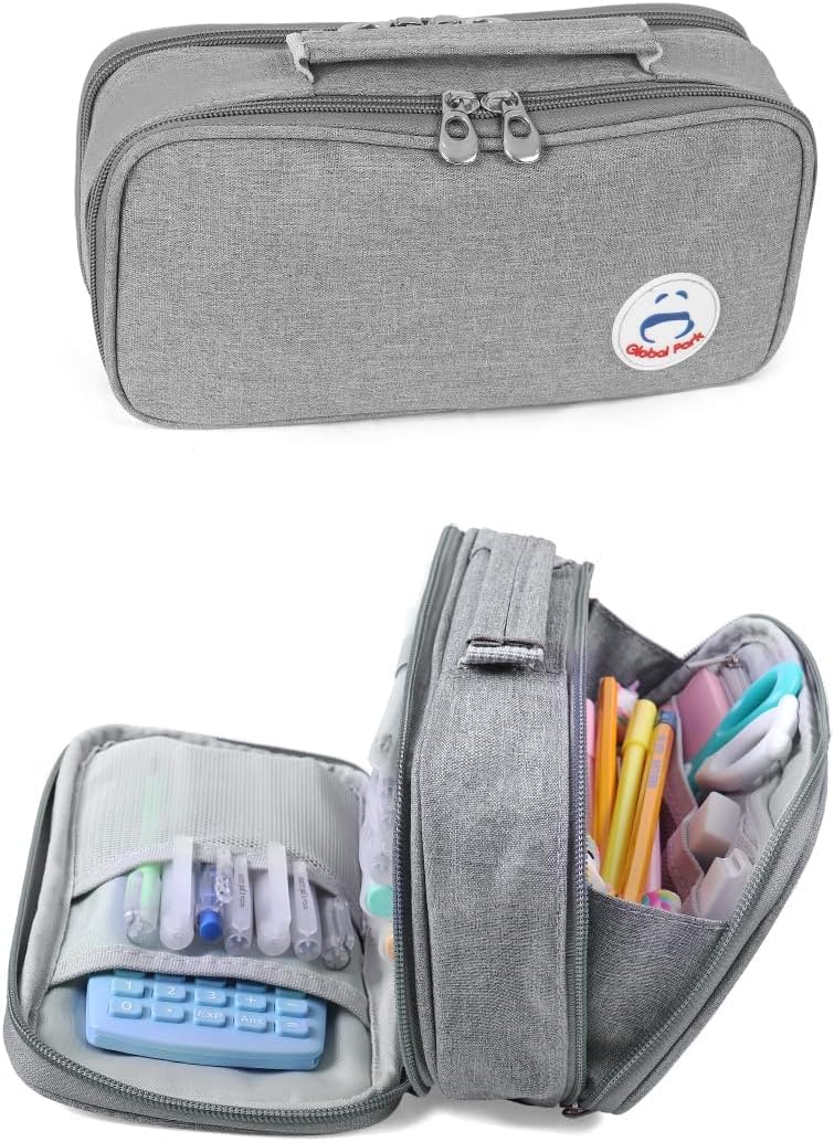 Surpop Pencil Case Pen Bag Holder Pouch Large Handle Big Capacity Desk Organizer Storage Marker Box Stationary Makeup Cosmetic Double Zippers for School Office Students Teen