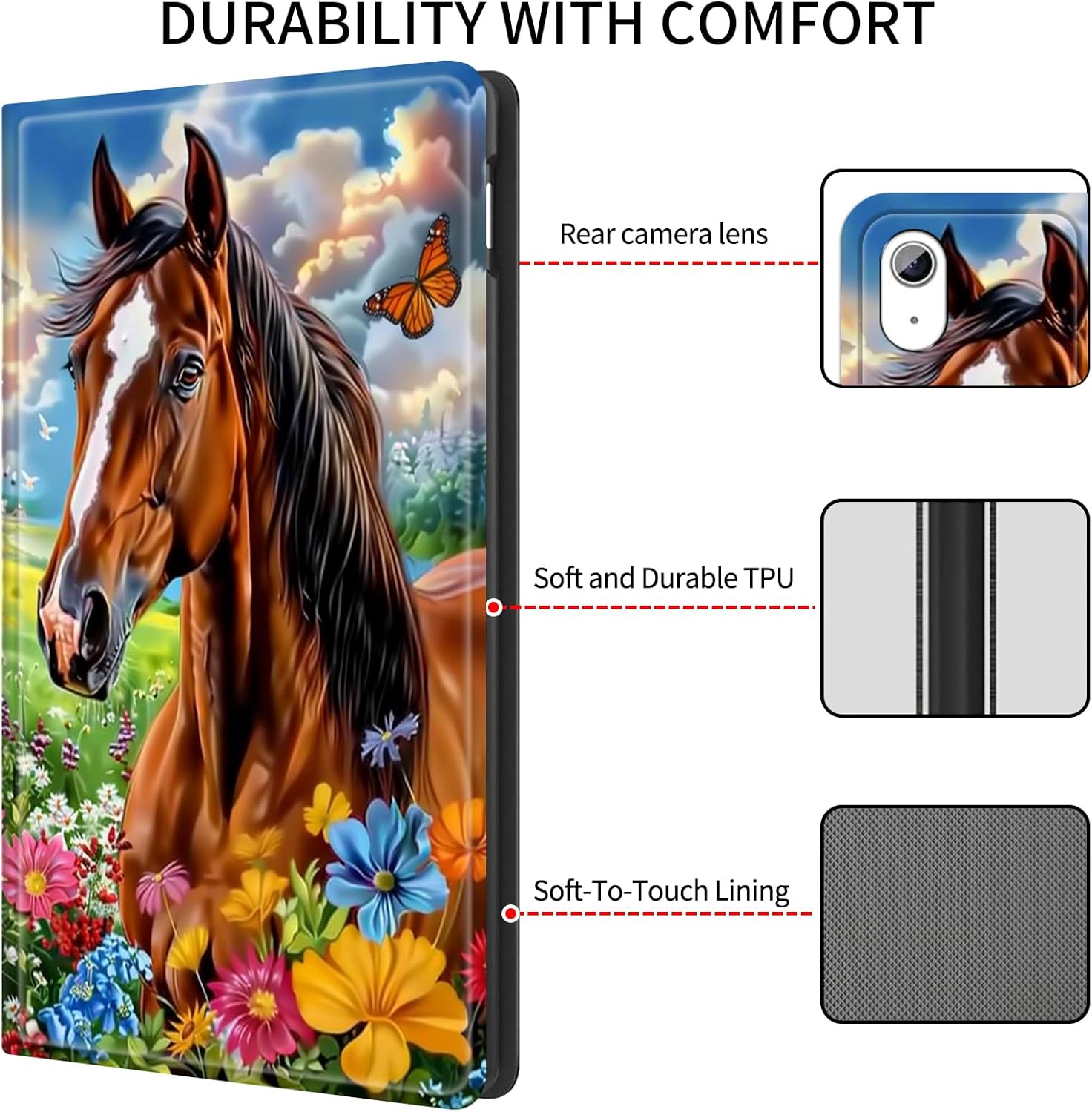 Case for iPad (A16) 11th 11" 2025/10th Generation 10.9" 2022,Slim Smart PU Leather Adjustable Stand Protective Cover with Auto Wake/Sleep-Lovely Horse