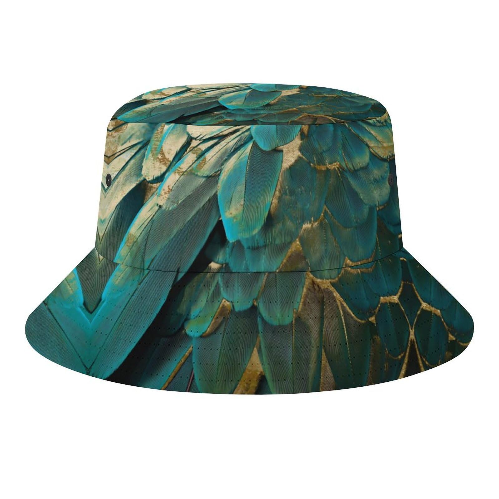 Fabretto Feather Glitter Teal and Gold Bucket Hat for Women Men Packable Fisherman Hat Sun Cap Travel Outdoor Beach Caps
