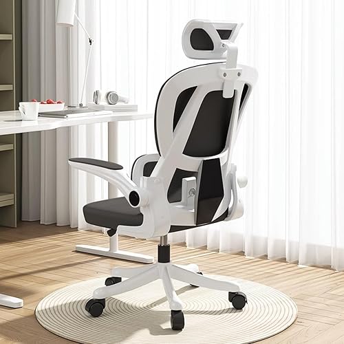 Silla de oficina de malla, ergonómicas de respaldo alto con ruedas y reposacabezas ajustables, cómodos brazos abatibles para el hogar, dormitorio,