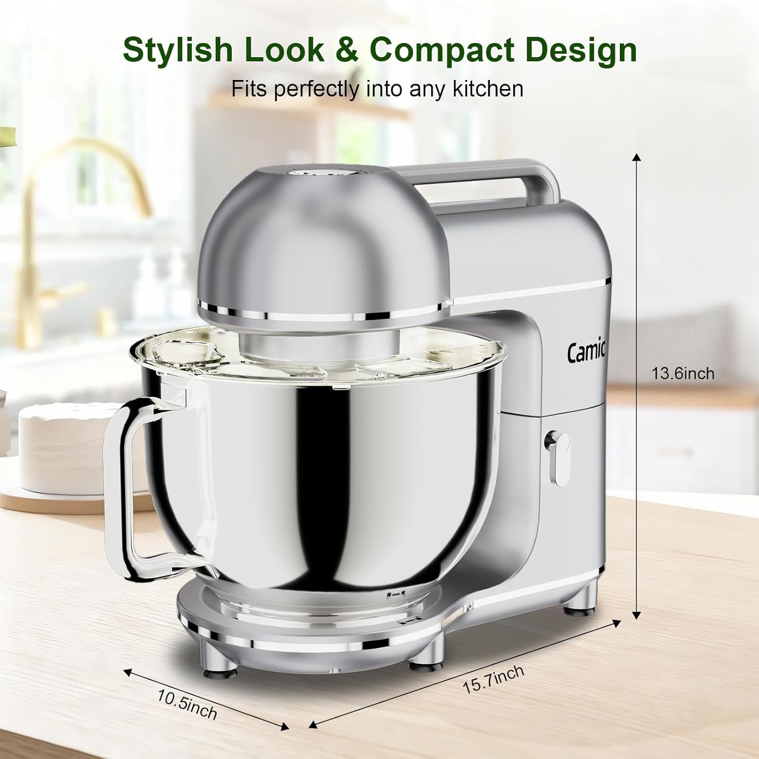 Camic Electric Stand Mixer,7.45 QT,10 Speeds with Dough Hook,Whisk, Flat Beater Attachments, Splash Guard, Easy-Carry Top Handle,3-IN-1 Kitchen Mixer for Baking Cakes Cookie Bread Salad(Silver)