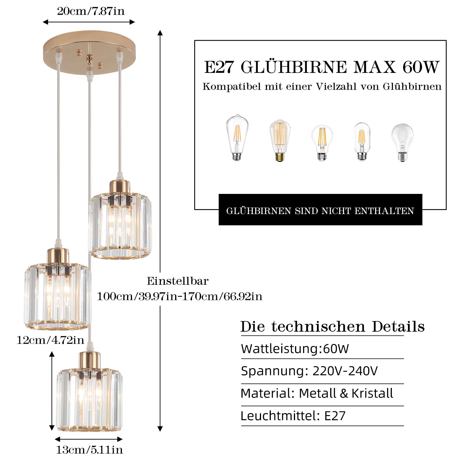 Pendelleuchte Esstisch Pendellampe Kristall, 3 Flammig Gold Kronleuchter Modern Hängelampe Kristall Pendelleuchte Höhenverstellbar E27 Fassung Hängeleuchte für Wohnzimmer Küche Schlafzimmer Flur