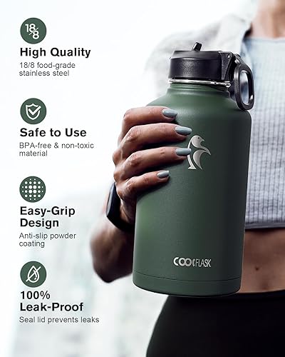 Miniatura 3 de Coolflask - Botella de agua de 64 onzas aislada, con popote y 3 tapas, acero inoxidable, boca ancha, libre de bisfenol A (BPA), mantiene las bebidas