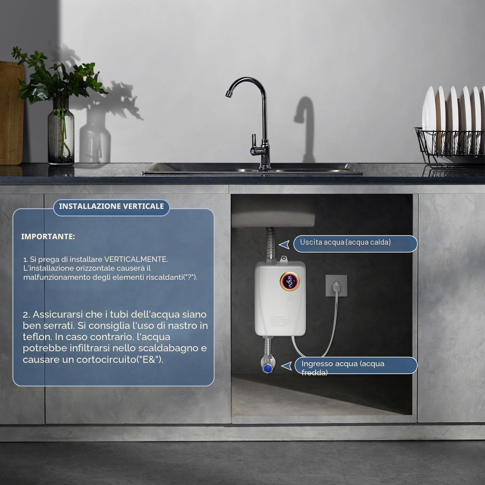 Scaldabagno elettrico 3500W 220V Mini scaldabagno con display LCD di temperatura 20-50°C, impermeabile IPX4, scaldabagno elettrico istantaneo per doccia, bagno, cucina