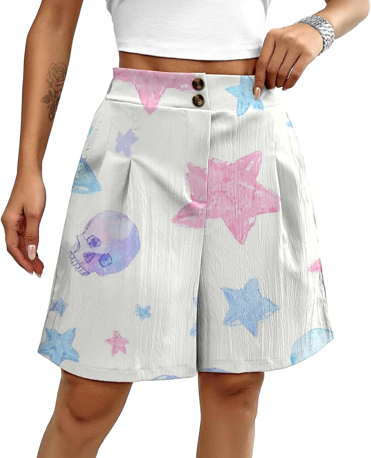 domirica Womens Shorts Trendy Graphic Print Summer Casual Loose Wide Leg Pleated High Waist Short Pants with Pockets