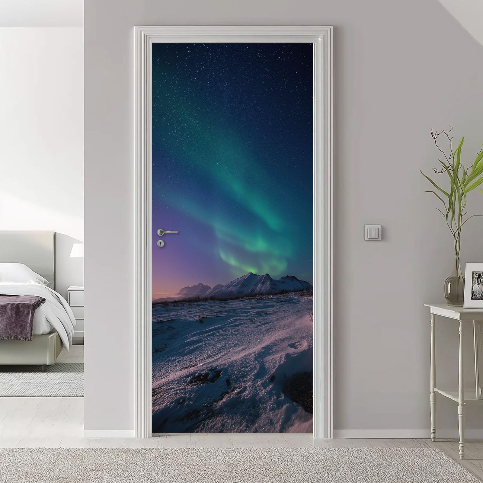 Papel pintado autoadhesivo para puerta, paisaje natural, póster para puerta, pegatina para puerta, montaña cubierta de nieve, aurora polar impermeable, lámina de vinilo para puerta, azul oscuro, papel