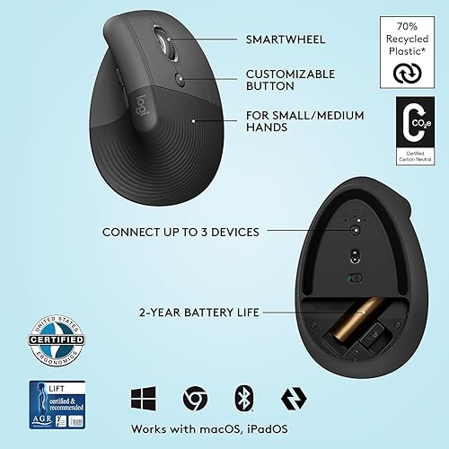 Miniatura 6 de Logitech Ratón ergonómico vertical elevador, inalámbrico, Bluetooth o Logi Bolt receptor USB, clics silenciosos, 4 botones, compatible con
