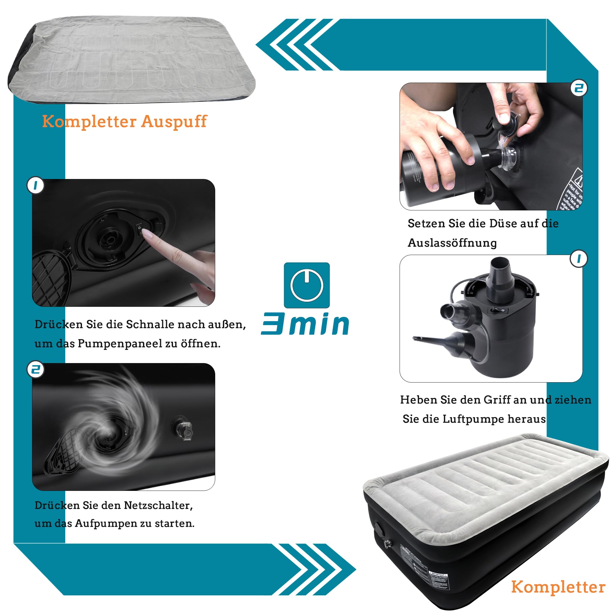 AufuN Luftbett Selbstaufblasend, Aufblasbare Matratze Gästebett mit Integrierter Elektrischer Pumpe, Luftmatratze für Camping oder Heimgebrauch Mit Tasche, 300KG MAX (187 x 90 x 46cm)