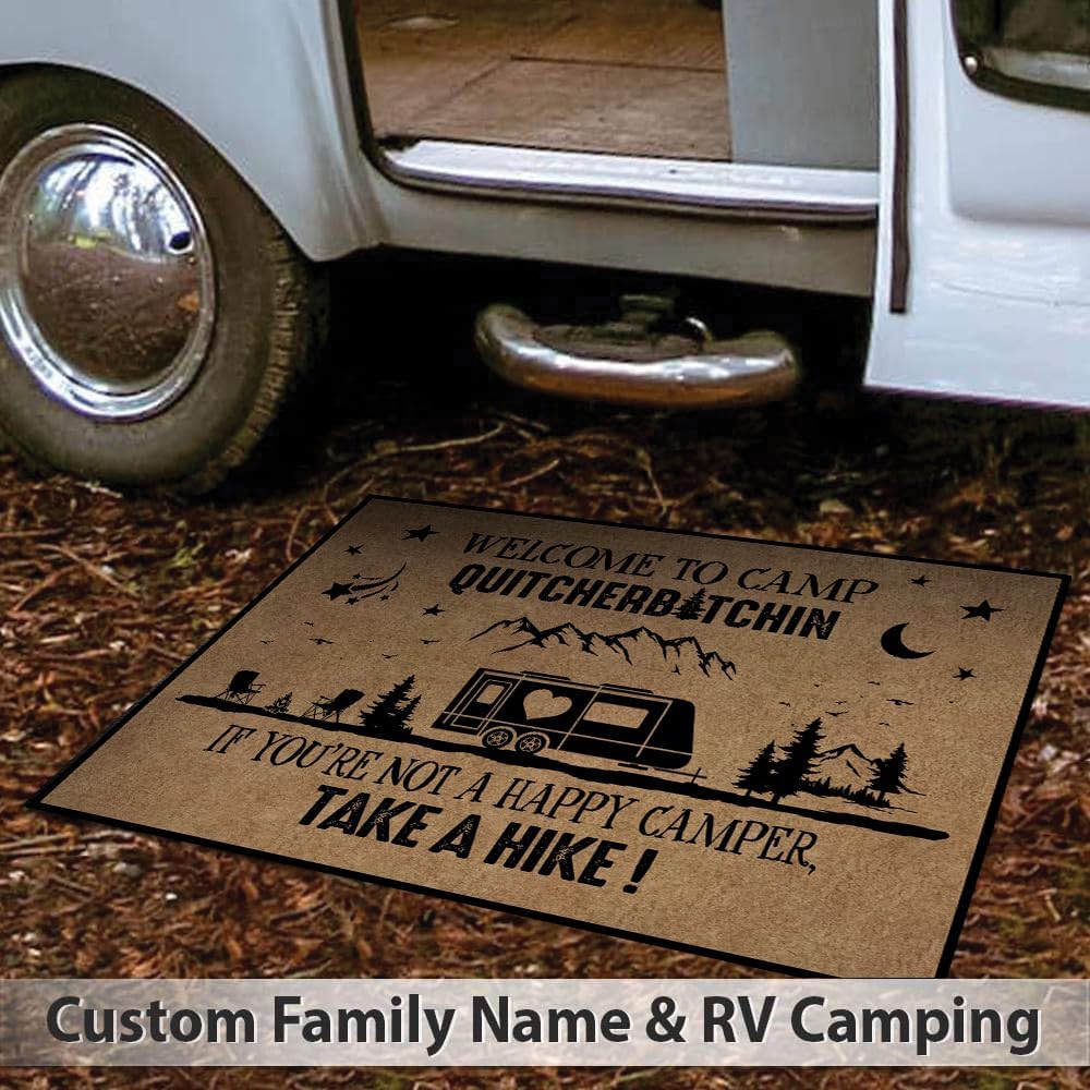 Personalized Camping Doormat - Welcome to Camp Quitcherbitchin Outdoor RV Camper Mat - Custom Name RV Camping Accessories for Travel - Funny Doormat Entry Trailver Rug Gift