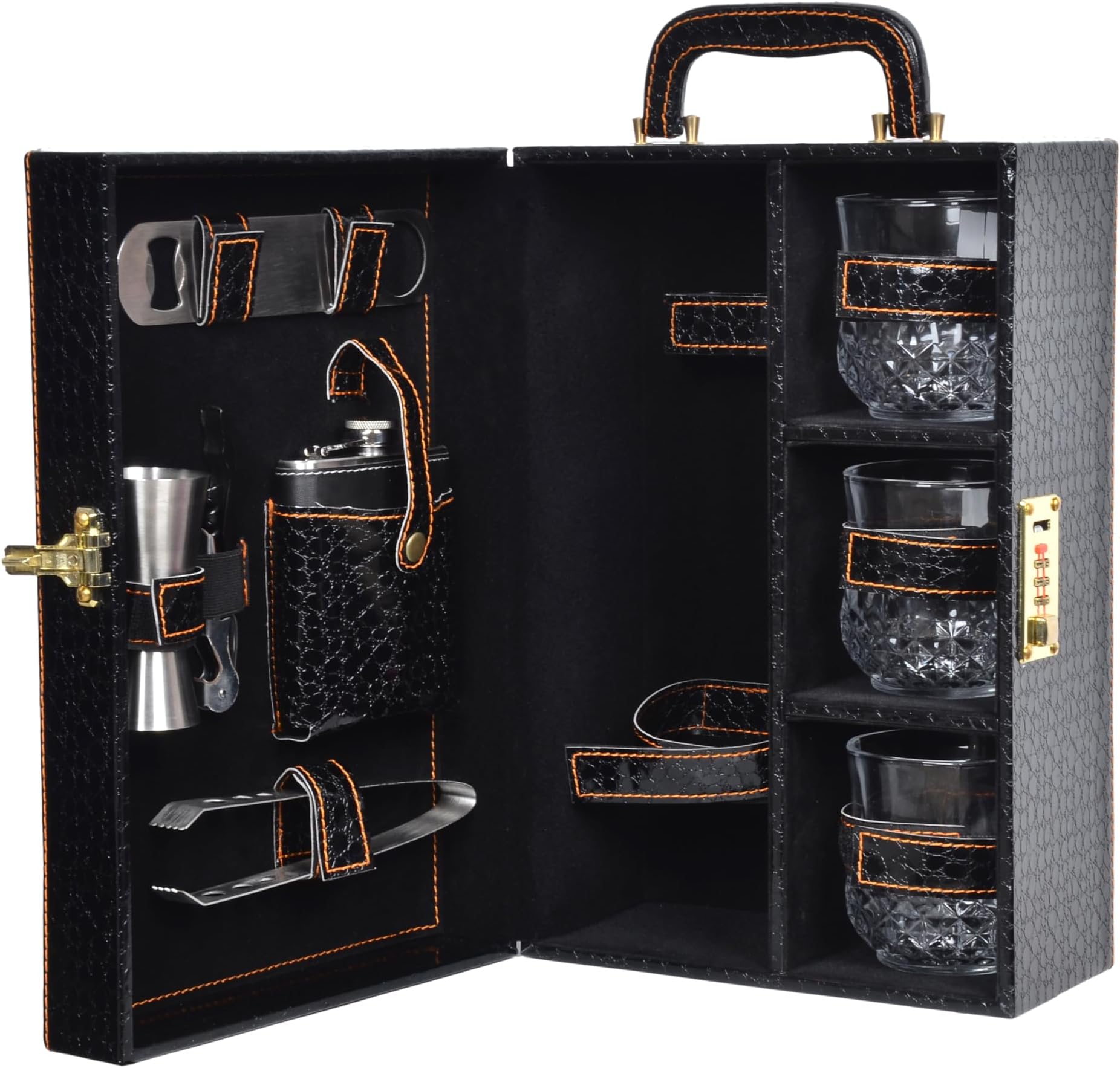 Croc Print Black Premium Bar Set With Whiskey Glasses | Portable Leatherette Set for Picnic, Travel, and Car