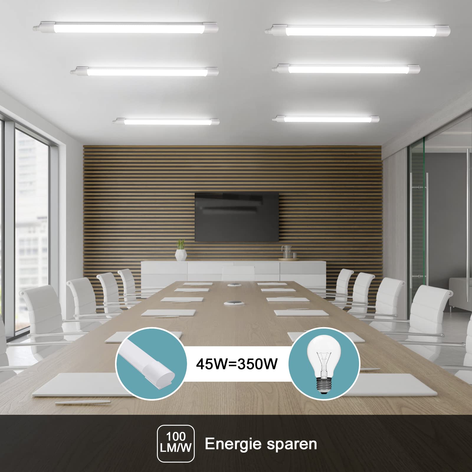 Neon 150 cm, tubo da 45 W, 5000 lm, lampada da soffitto IP65, impermeabile, per officina, garage, sotto terra, bagno, cantina, ufficio, bianco neutro, 4000 K