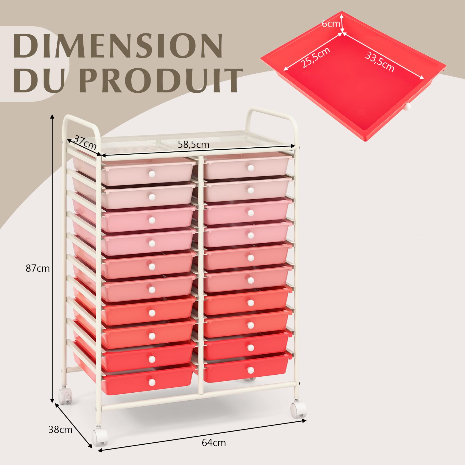 COSTWAY Chariot de Rangement à Roulette 20 Tiroirs en PP, Tour de Rangement avec Tablette, Cadre en Métal, Desserte Meuble Tiroir pour Cuisine École (XL | 20 tiroirs,Rose+Blanc)