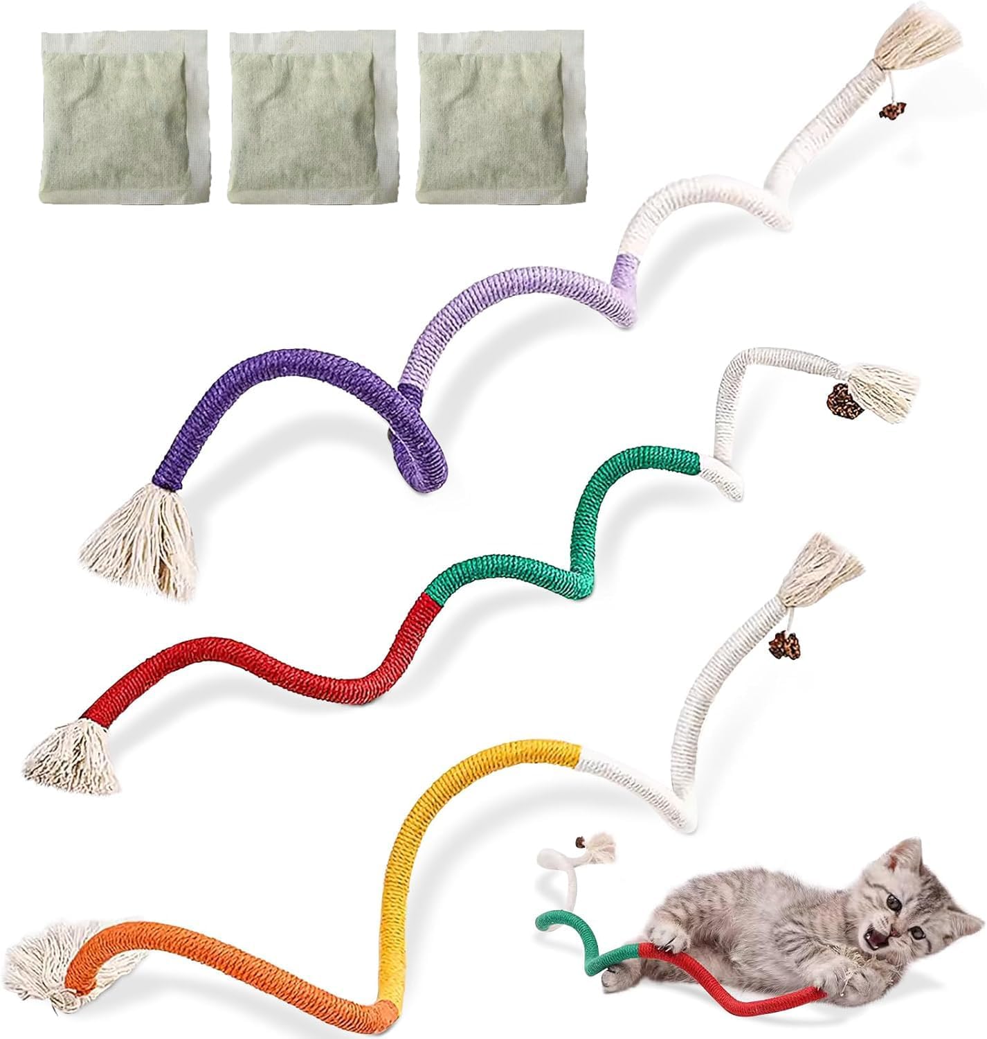 3 PCS Cotton Rope Cat Toys with 3 Pack Catnip for Indoor Cats, Interactive Cat Rope Toys with Silvervine Fruit for Cats and Kittens, Handmade Pet Chew Toys for Teeth Cleaning