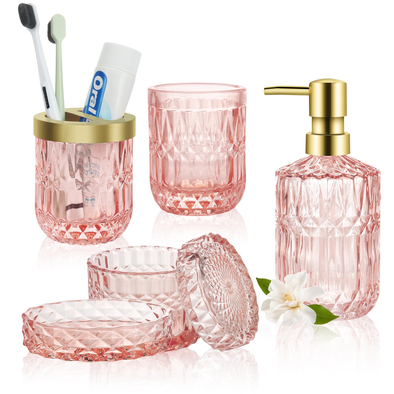 5-teiliges Badezimmer-Set, Glas Badezimmerzubehör, Moderne Seifenspender Set, Seifenschale, Zahnbürstenhalter, Wattestäbchen Kanister, Becher (Rosa)