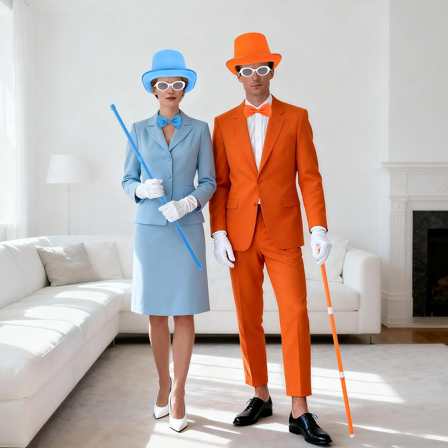 10 Pcs Halloween Adult Blue and Orange Top Hat Costume include Top Hat Bow Ties Glasses Gloves Socks and Spliced Walking Stick for Man and Woman Halloween Cosplay Party - Image 6