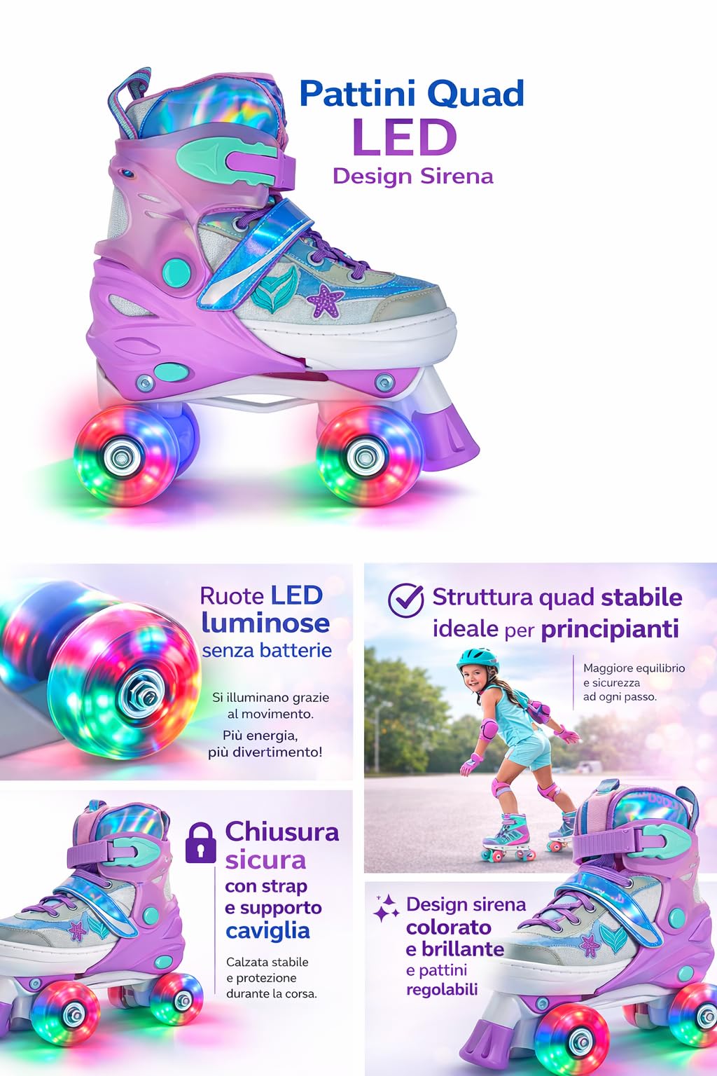 Pattini a rotelle Pattini bambina Regolabili Pattini a 4 Ruote,patini bambini 4 ruote luminosi per ragazze e ragazzi Altissima Qualità Modello Sirena Deluxy