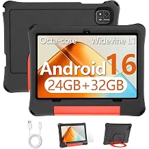 TUOHAITIME 10 inch Kids Tablet, Android 16 Tablet, Octa-Core CPU,Black | 24GB+32GB/1TF Card Expandable , Tablet with Case, Kids Space, Parental Control, 6000mAh Big Battery,Touchscreen Tableta,